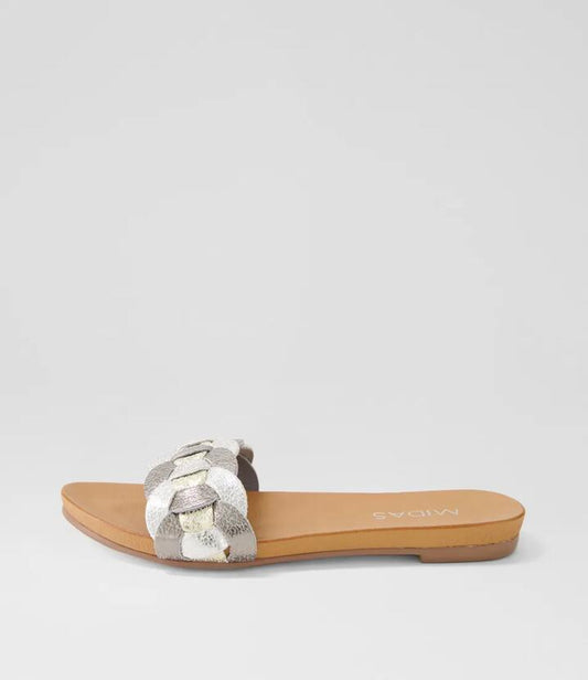 Image of Slippers. Productname: Jorra Metallic Multi Leather Slides in METALLIC MULTI colour by brand - MIDAS