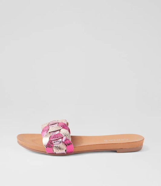 Image of Slippers. Productname: Jorra Pink Metallic Multi Leather Slides in PINK METALLIC MULTI colour by brand - MIDAS