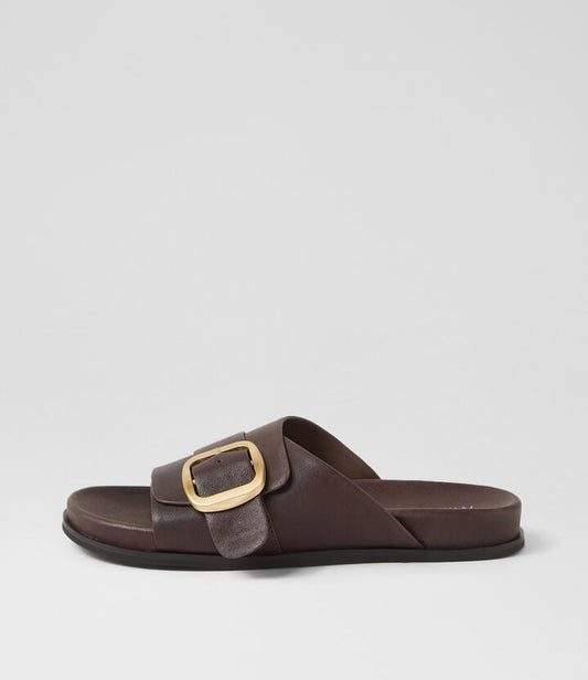 Image of Slippers. Productname: Newka Choc Black Leather Slides in CHOC-BLACK SOLE colour by brand - MIDAS