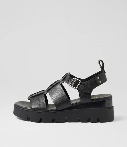 Image of Sandals. Productname: Reela Black Leather Sandals in BLACK-BLACK&BLACK colour by brand - MIDAS