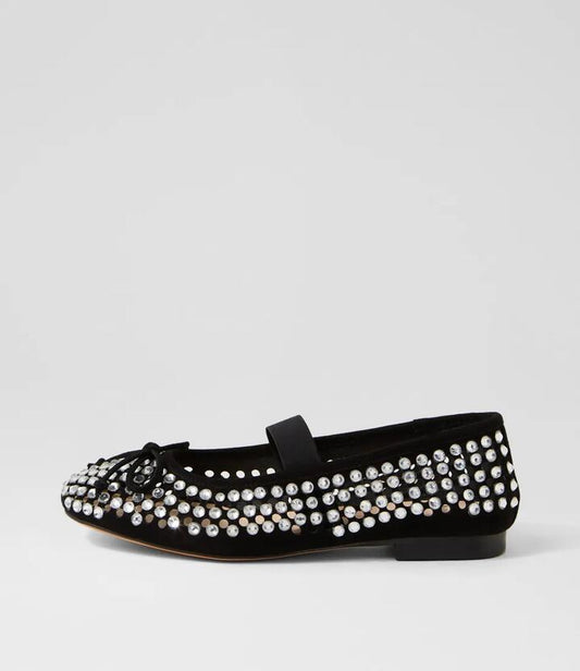 Image of Footwear. Productname: Beriza Black Silver Suede Jewels Ballet Flats in BLACK-SILVER colour by brand - MOLLINI