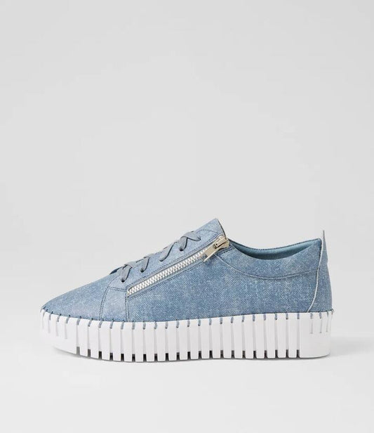 Image of Sneakers. Productname: Braelyn Blue Denim White Leather Sneakers in Blue Denim-White Sole colour by brand - MIDAS