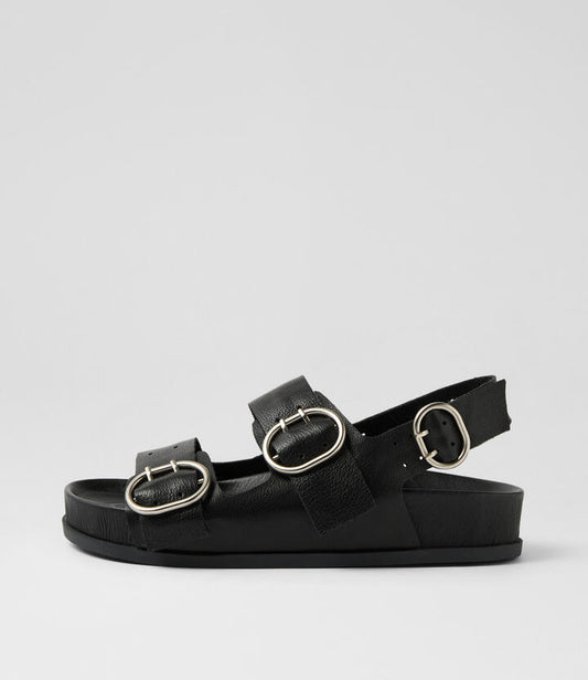 Image of Slippers. Productname: Caylia Black Leather Slides in BLACK colour by brand - MOLLINI