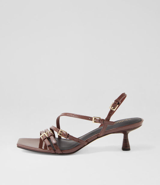 Image of Sandals. Productname: Tandom Choc Patent Leather Sandals in CHOC colour by brand - MOLLINI