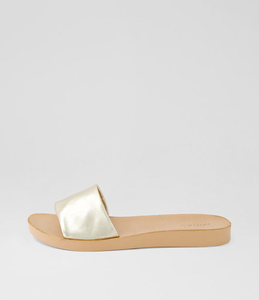 Image of Slippers. Productname: Natiny Pale Gold Tan Leather Slides in PALE GOLD-TAN SOLE colour by brand - MIDAS
