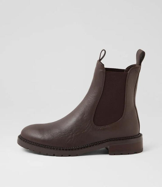 Image of Boots. Productname: Rokkie Choc Dark Brown Leather Chelsea Boots in CHOC-DK BROWN HEEL colour by brand - MIDAS