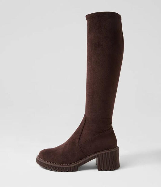 Image of Boots. Productname: Zarah Choc Stretch Microsuede Knee High Boots in CHOC colour by brand - MIDAS