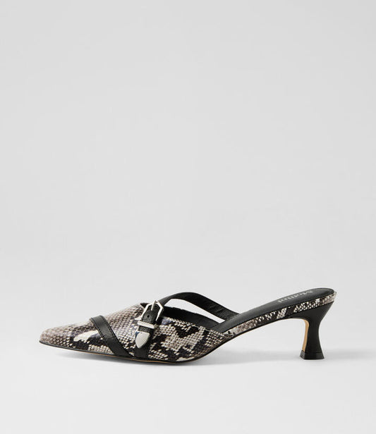 Image of Sandals. Productname: Galaxi Black White Snake Leather Mules in BLACK&WHITE-BLACK colour by brand - MOLLINI
