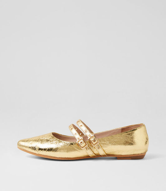 Image of Footwear. Productname: Garnes Gold Crinkle Leather Ballet Flats in GOLD colour by brand - MOLLINI