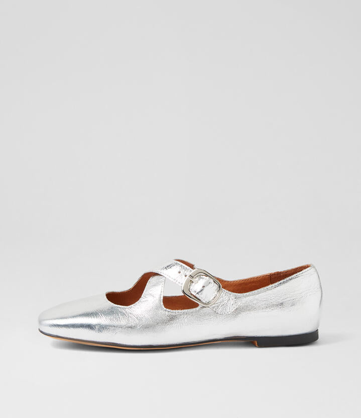 Image of Footwear. Productname: Nowa Silver Crinkle Patent Flat Shoes in SILVER colour by brand - MOLLINI