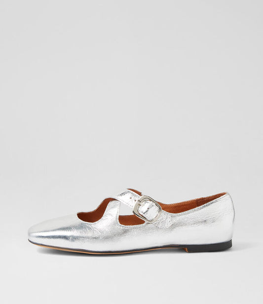 Image of Footwear. Productname: Nowa Silver Crinkle Patent Flat Shoes in SILVER colour by brand - MOLLINI