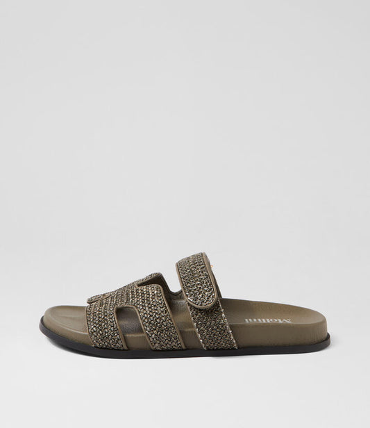 Image of Slippers. Productname: Hayzlen Olive Black Woven Leather Slides in OLIVE-BLACK SOLE colour by brand - MOLLINI