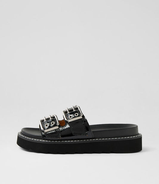 Image of Slippers. Productname: Liliana Black Crinkle Patent Slides in BLACK colour by brand - MOLLINI