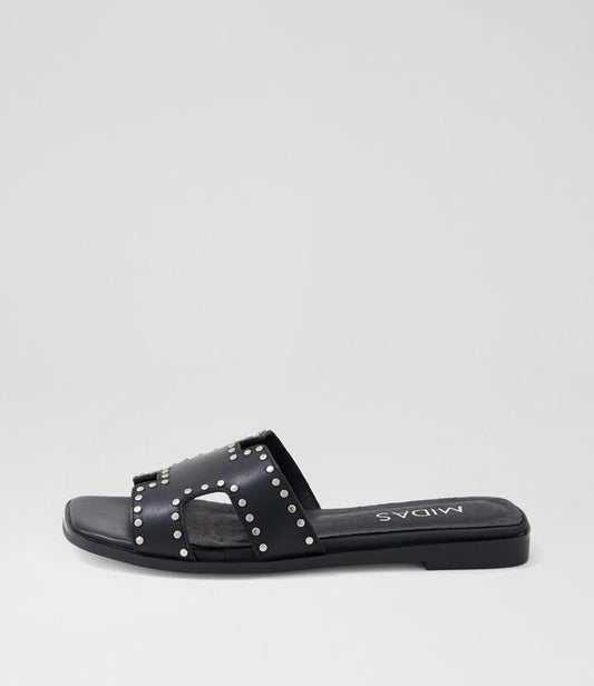 Image of Slippers. Productname: Lyenn Black Silver Leather Slides in BLACK-SILVER colour by brand - MIDAS
