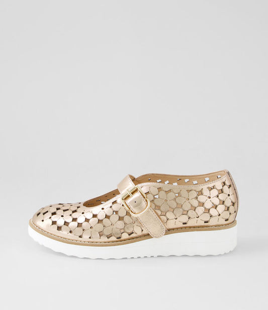Image of Footwear. Productname: Ollens Champagne White Crush Leather Flat Shoes in CHAMPAGNE-WHITE SOLE colour by brand - MIDAS