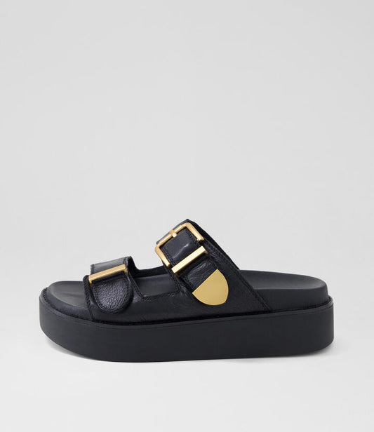 Image of Slippers. Productname: Greeyas Black Leather Slides in BLACK colour by brand - MIDAS