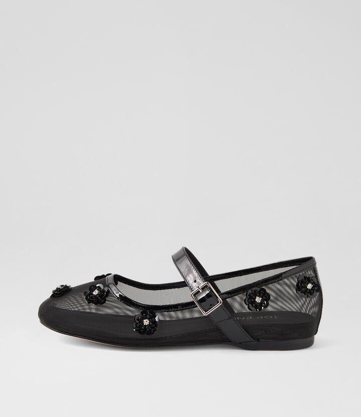 Image of Shoes. Productname: Alliy Black Patent Mix Flat Shoes in Black colour by brand - MIDAS
