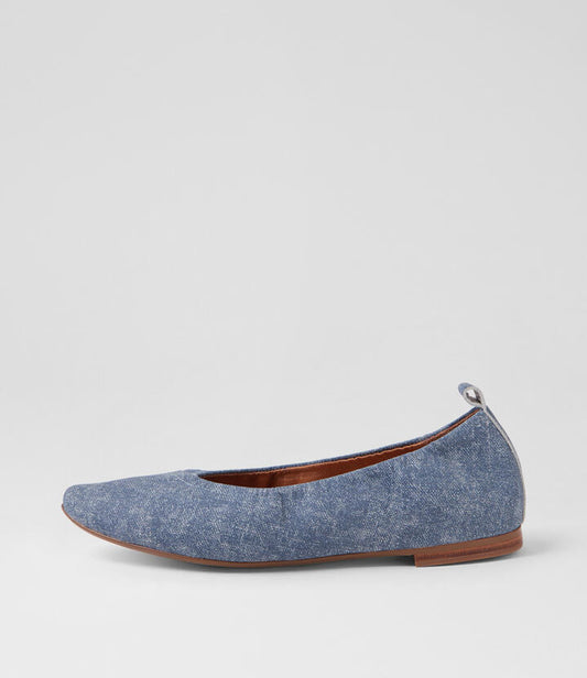 Image of a model wearing Denim. Productname: Sattay Blue Denim Leather Flat Shoes in BLUE DENIM colour by brand - MIDAS