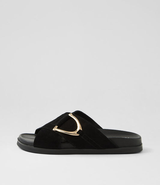 Image of Slippers. Productname: Rulle Black Suede Slides in BLACK colour by brand - MIDAS