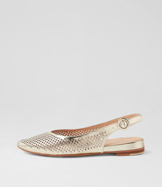 Image of Footwear. Productname: Filoy Pale Gold Crush Leather Flat Shoes in PALE GOLD colour by brand - MIDAS