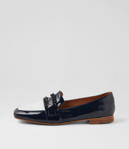 Image of Flats. Productname: Potisar Navy White Patent Leather Loafers in NAVY-WHITE colour by brand - MIDAS