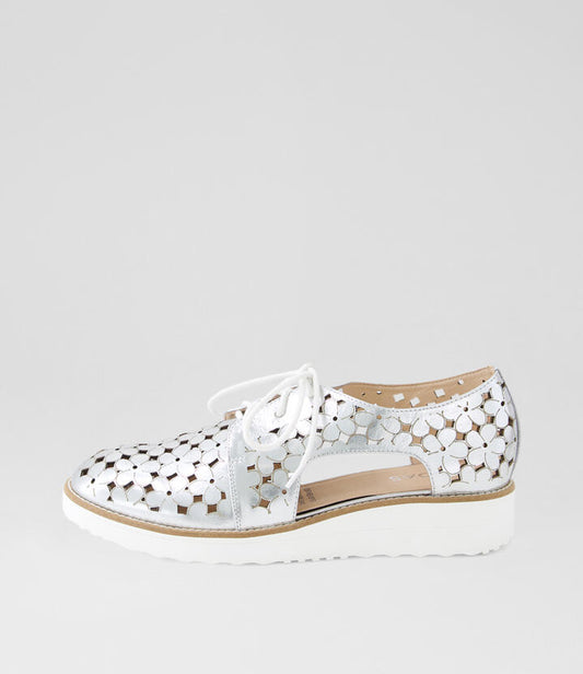Image of Flats. Productname: Otyal Silver White Crush Leather Lace Up Flats in SILVER-WHITE SOLE colour by brand - MIDAS