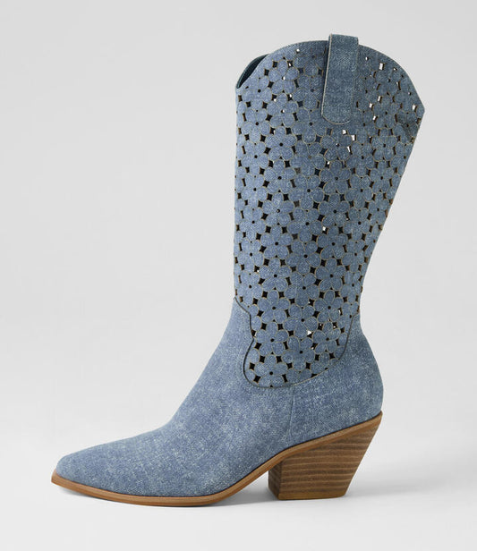 Image of Boots. Productname: Dassye Blue Denim Leather Knee High Boots in BLUE DENIM colour by brand - MIDAS