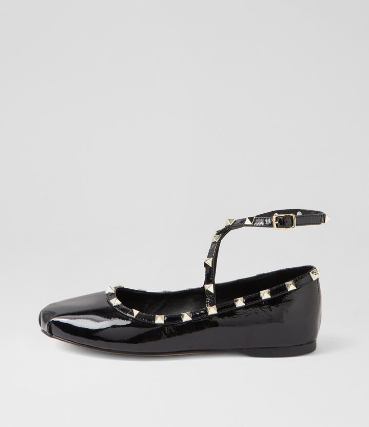 Image of Shoes. Productname: Alenya Black Patent Leather Ballet Flats in Black colour by brand - MIDAS