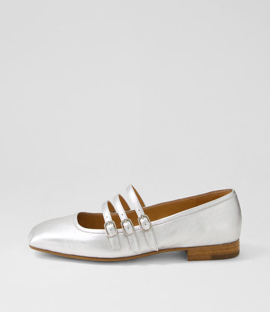 Image of Footwear. Productname: Paet Silver Leather Flat Shoes in SILVER colour by brand - MIDAS