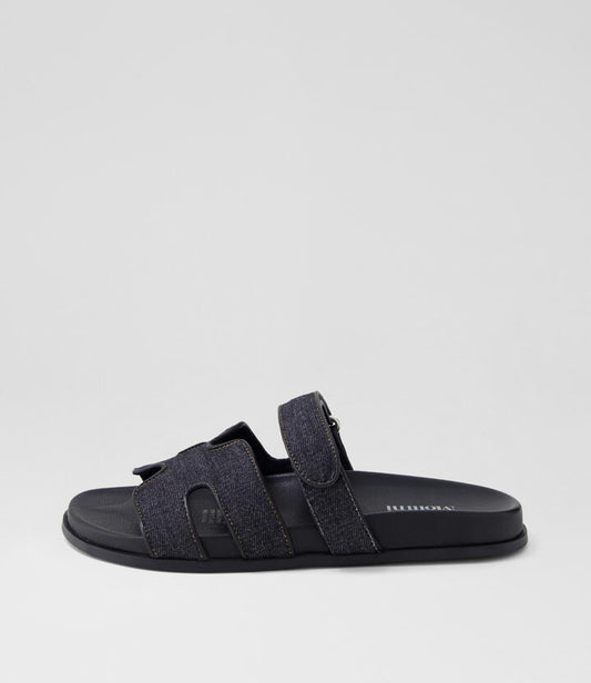 Image of Slippers. Productname: Hayzlen Dark Denim Black Fabric Leather Slides in DK DENIM-BLACK SOLE colour by brand - MOLLINI
