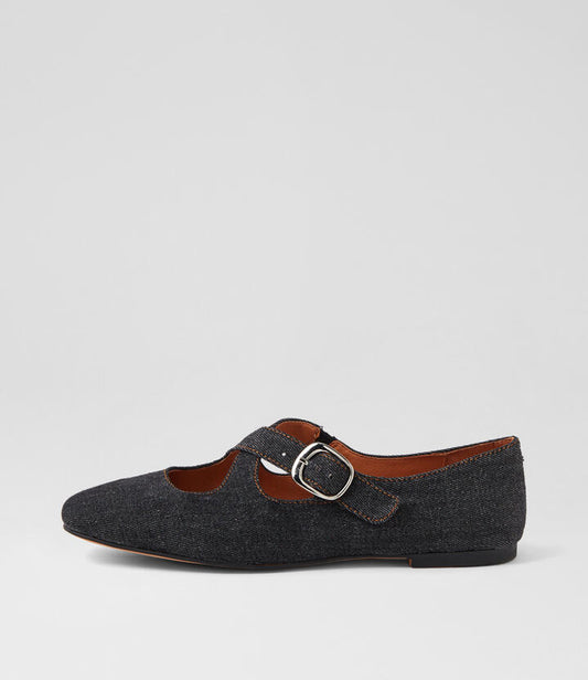 Image of a model wearing Denim. Productname: Nowal Dark Denim Fabric Flat Shoes in DK DENIM colour by brand - MOLLINI