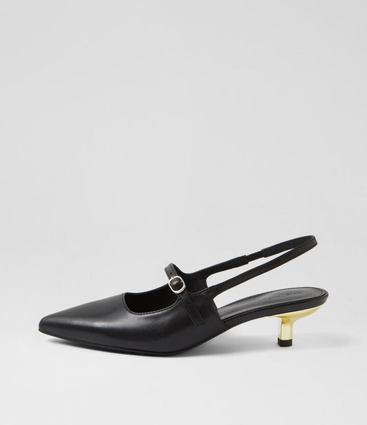 Image of Heels. Productname: Candor Black Gold Leather Heels in BLACK-GOLD HEEL colour by brand - MOLLINI