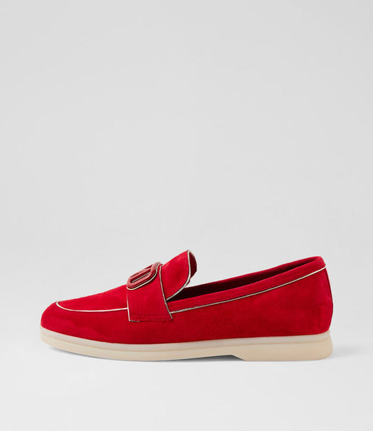 Image of Flats. Productname: Lycheez Red Suede Loafers in RED colour by brand - MIDAS
