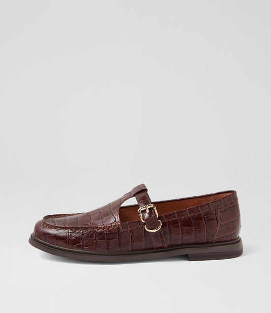 Image of Footwear. Productname: Gahla Brown Shine Croc Leather Flat Shoes in BROWN SHINE colour by brand - MOLLINI