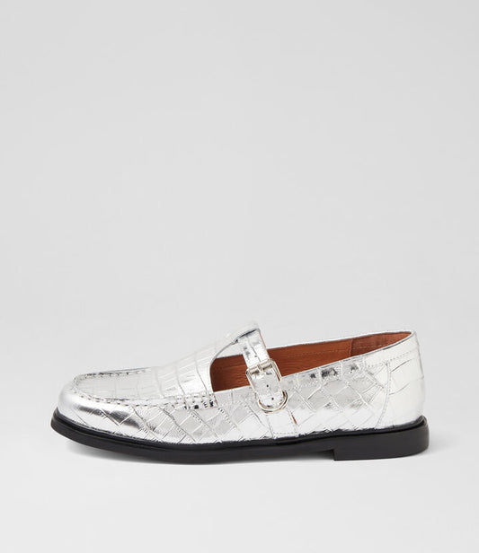Image of Footwear. Productname: Gahla Silver Shine Croc Leather Flat Shoes in SILVER SHINE colour by brand - MOLLINI