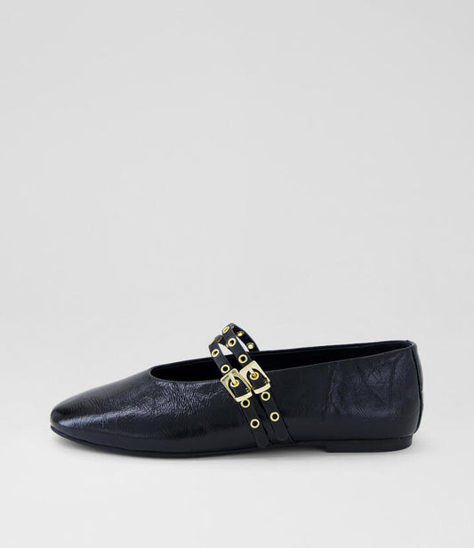 Image of Footwear. Productname: Haizel Black Crinkle Leather Ballet Flats in BLACK CRINKLE-BLACK colour by brand - MOLLINI