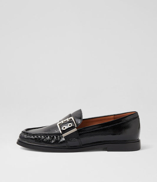 Image of Flats. Productname: Genelle Black Crinkle Leather Loafers in BLACK colour by brand - MOLLINI