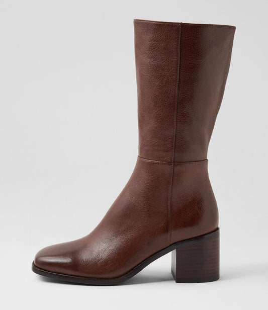 Image of Boots. Productname: Sesina Choc Dark Brown Leather Calf Boots in CHOC-DK BROWN HEEL colour by brand - MOLLINI