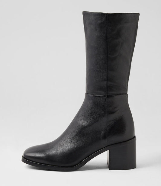 Image of Boots. Productname: Sesina Black Leather Calf Boots in BLACK-BLACK HEEL colour by brand - MOLLINI