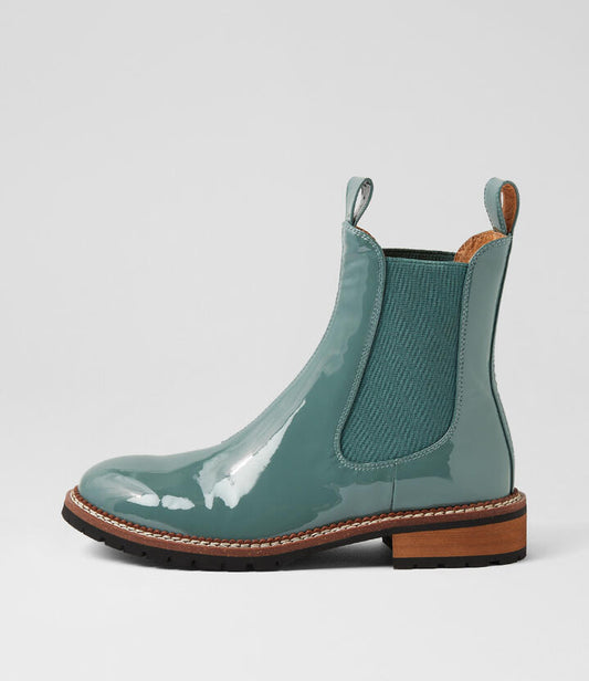 Image of Boots. Productname: Rokkie Granite Green Patent Leather Chelsea Boots in GRANITE GREEN colour by brand - MIDAS