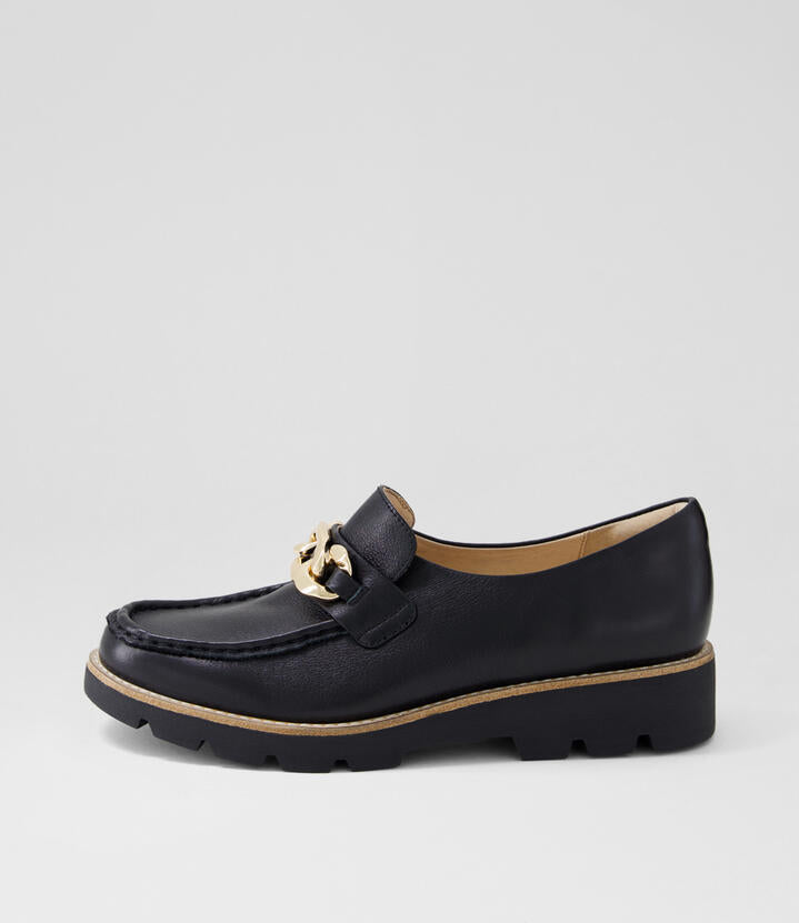 Image of Flats. Productname: Drizza Black Leather Loafers in BLACK-BLACK SOLE colour by brand - MIDAS