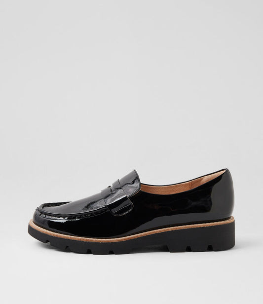 Image of Flats. Productname: Dorky Black Patent Leather Loafers in BLACK-BLACK SOLE colour by brand - MIDAS