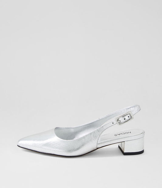 Image of Heels. Productname: Clemme Silver Textured Leather Heels in SILVER colour by brand - MIDAS