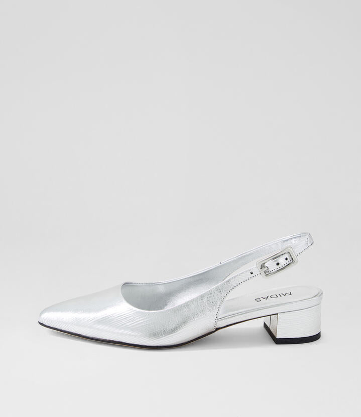 Image of Heels. Productname: Clemme Silver Textured Leather Heels in Silver colour by brand - MIDAS