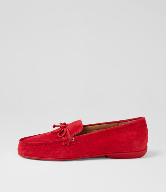 Image of Flats. Productname: Reesus Red Suede Loafers in RED-RED SOLE colour by brand - MIDAS