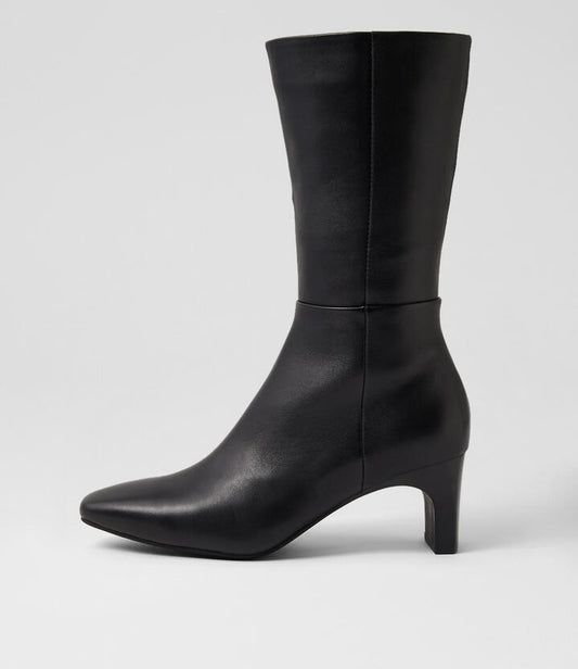 Image of Boots. Productname: Seenar Black Leather Calf Boots in Black-Black Heel colour by brand - MIDAS
