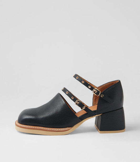 Image of Flats. Productname: Accessa Navy Tumble Leather Mary Jane Heels in NAVY colour by brand - MIDAS