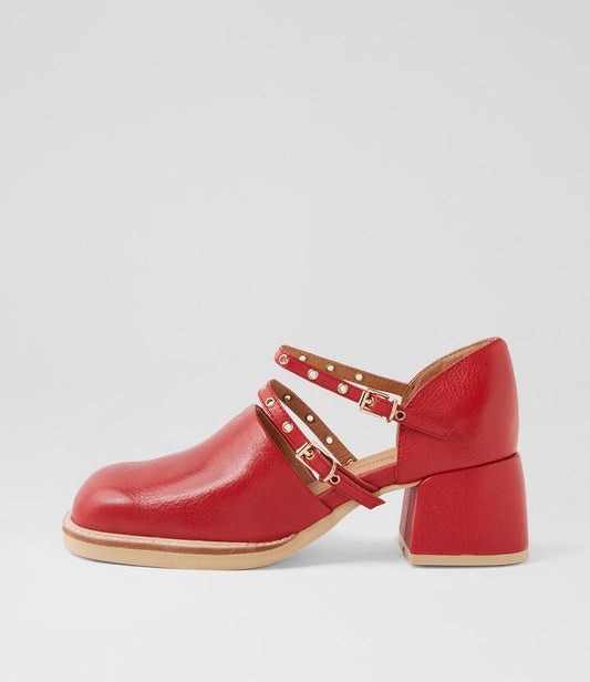 Image of Flats. Productname: Accessa Red Tumble Leather Mary Jane Heels in RED colour by brand - MIDAS
