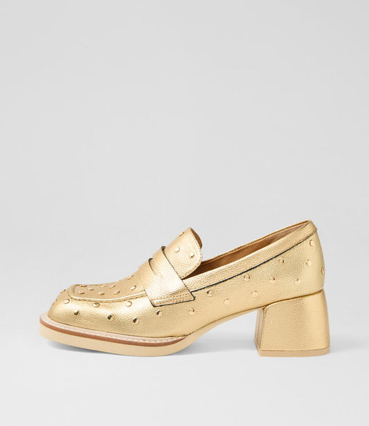 Image of Heels. Productname: Ayamo Old Gold Tumble Leather Heels in OLD GOLD colour by brand - MIDAS