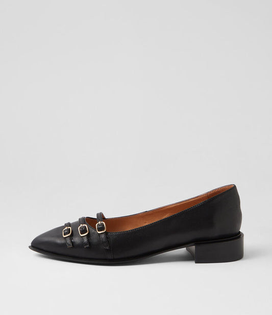 Image of Footwear. Productname: Eloran Black Leather Flat Shoes in BLACK colour by brand - MIDAS